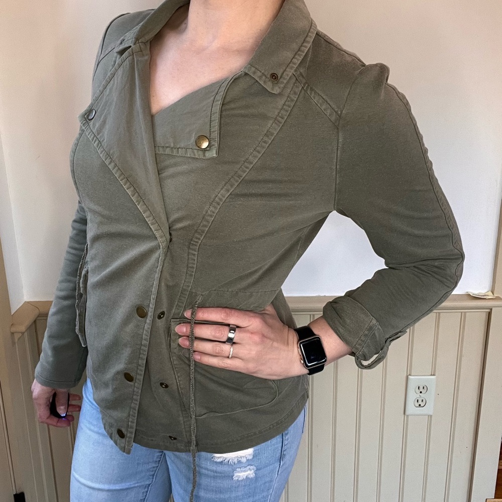 Anthropologie Saturday Sunday Moto Military Lite Jacket Green Knit Women’s Sz S